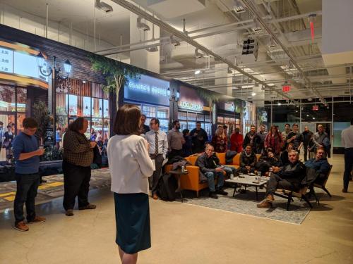 Arlington County Board Member Katie Cristol speaks to Crystal City Renters.